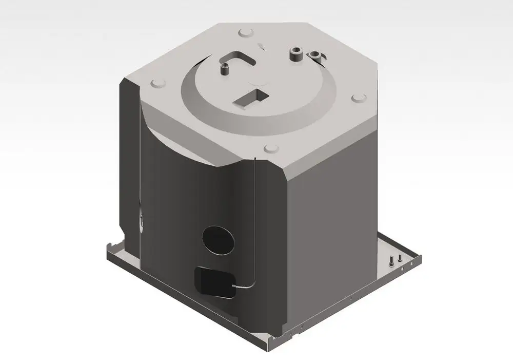 Bosch Behälter mit rechteckiger Grundform, flacher Oberseite und Öffnungen. Sichtbar sind Schrägen an den Seiten und eine Basis mit vier Befestigungslöchern.